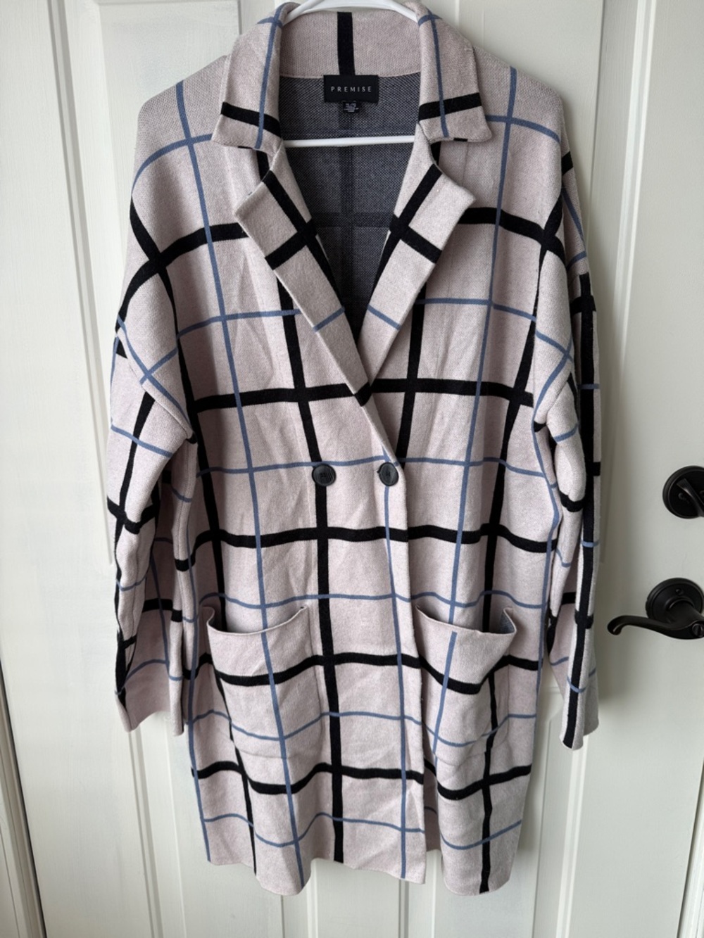 Premise Beige Plaid Double-Breasted Coatigan with Black and Blue Windowpane